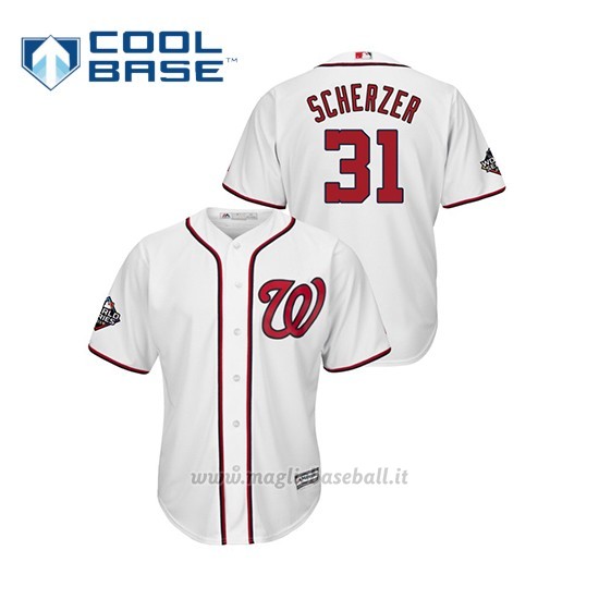 Maglia Baseball Uomo Washington Nationals 31 Max Scherzer 2019 World Series Bound Cool Base Bianco